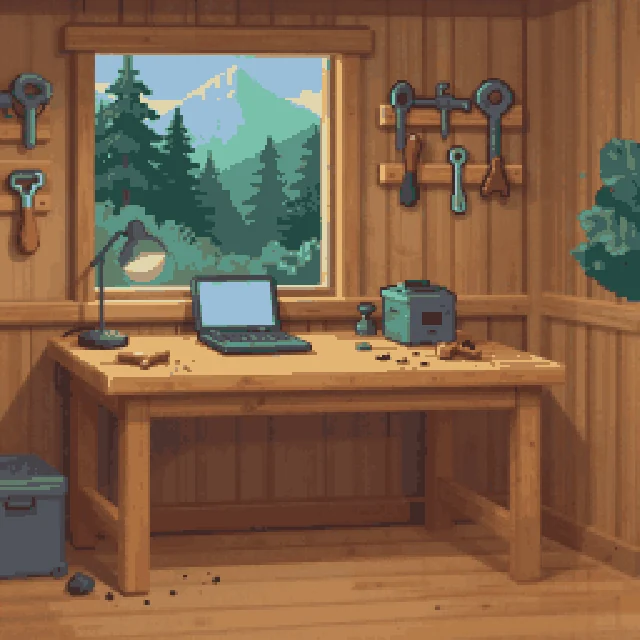 Pixel-art cabin workbench with tools on the wall and a laptop on the bench.