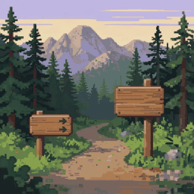 Pixel-art trailhead signpost at the start of a forest path.