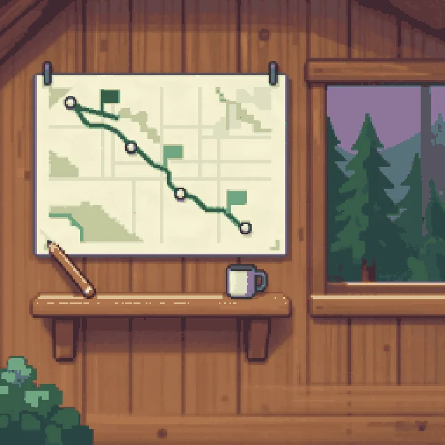 Pixel-art cabin wall with a route map pinned up and a pencil on the shelf.