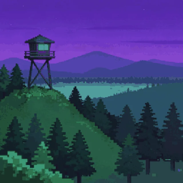 Pixel-art fire lookout tower on a ridge at dusk with one lit window.