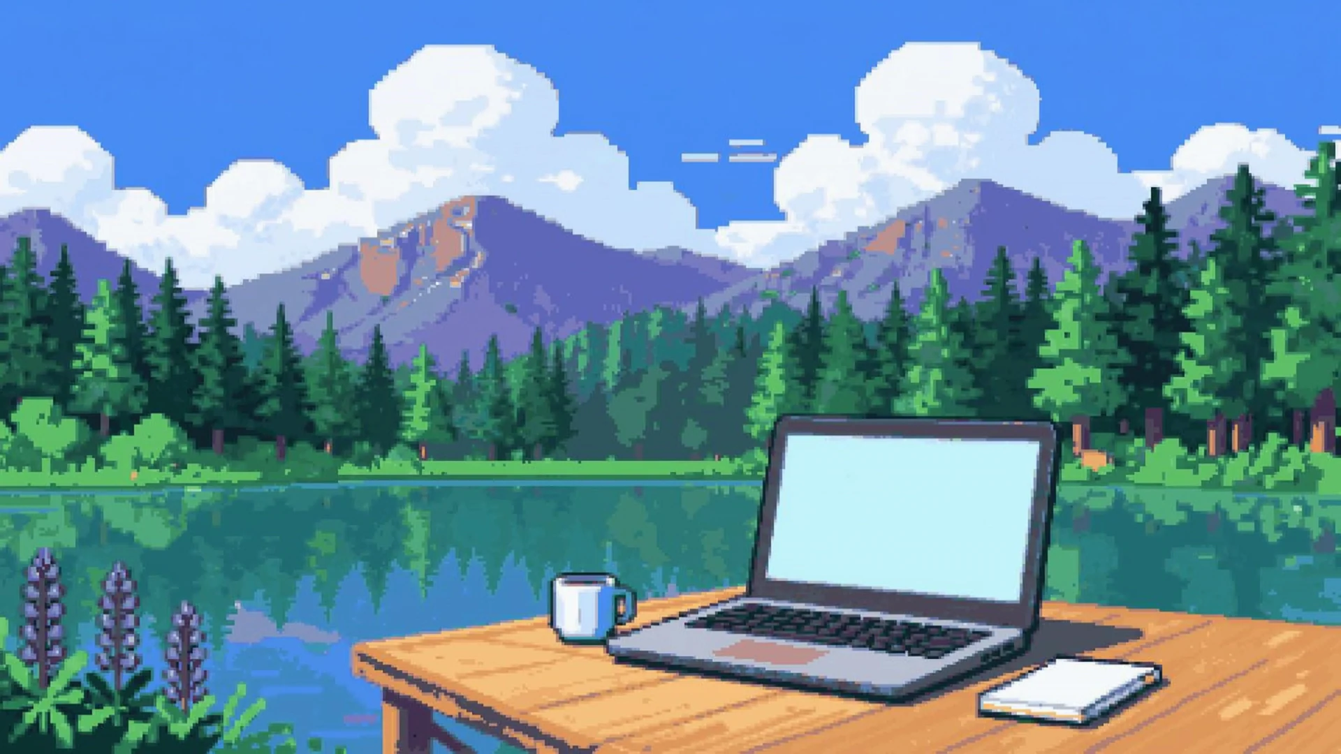 Pixel-art scene: an open laptop on a wooden dock at a still Sierra lake at dawn, granite peaks behind.